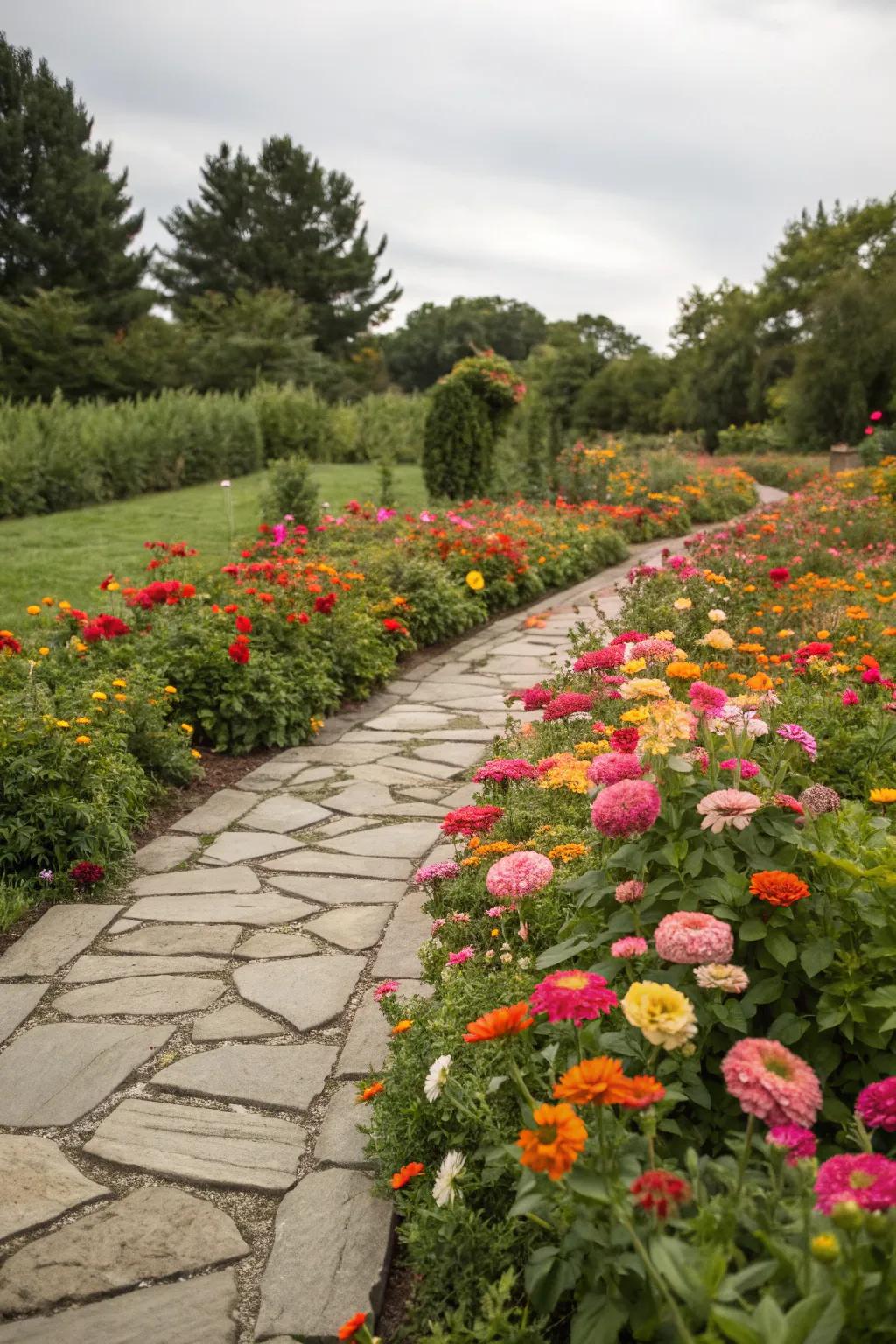 A stone pathway contributes functionality and allure to this flower bed.