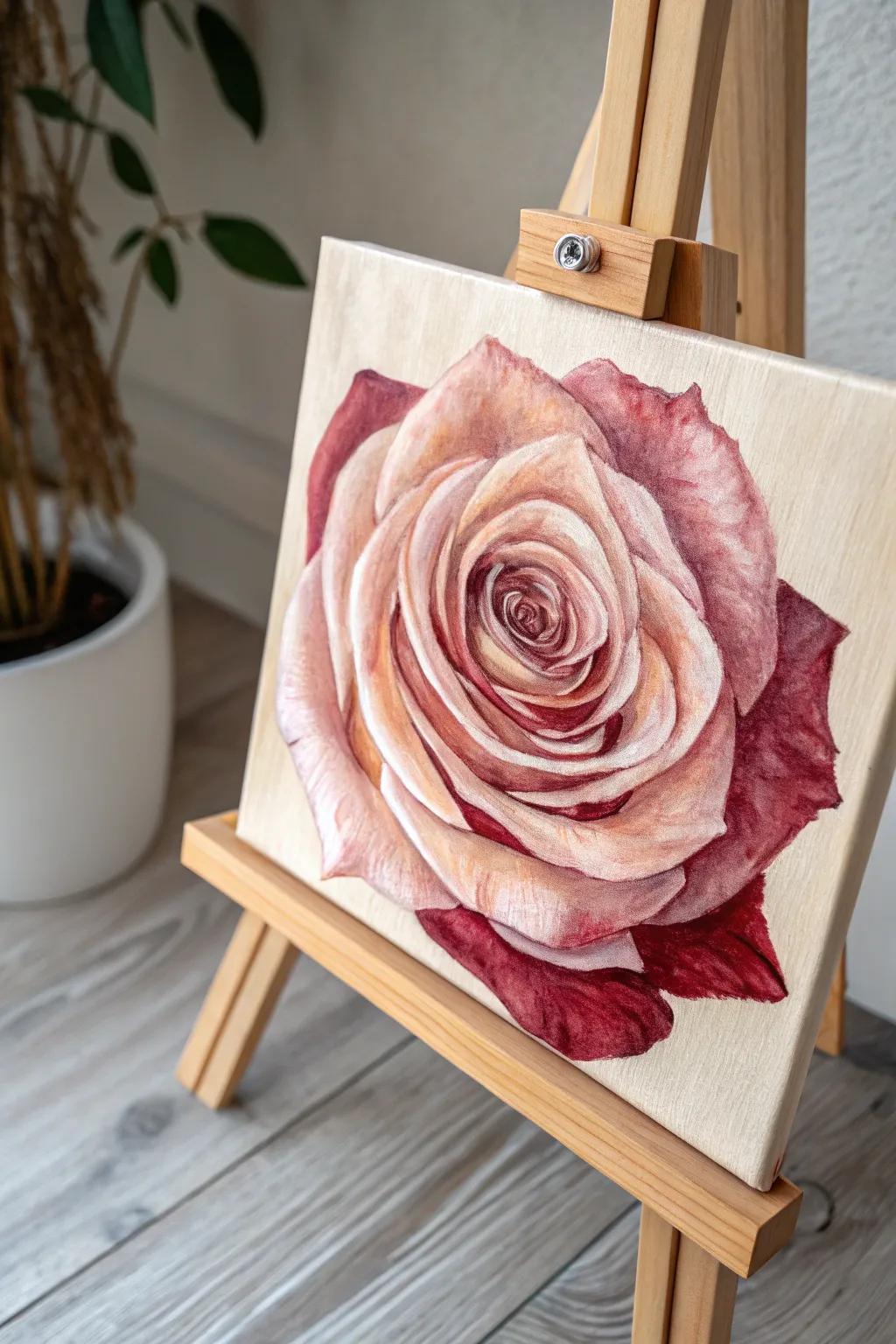 Uncover the charm of 'Rose Serenade' with unadorned brushwork and subtle tints.