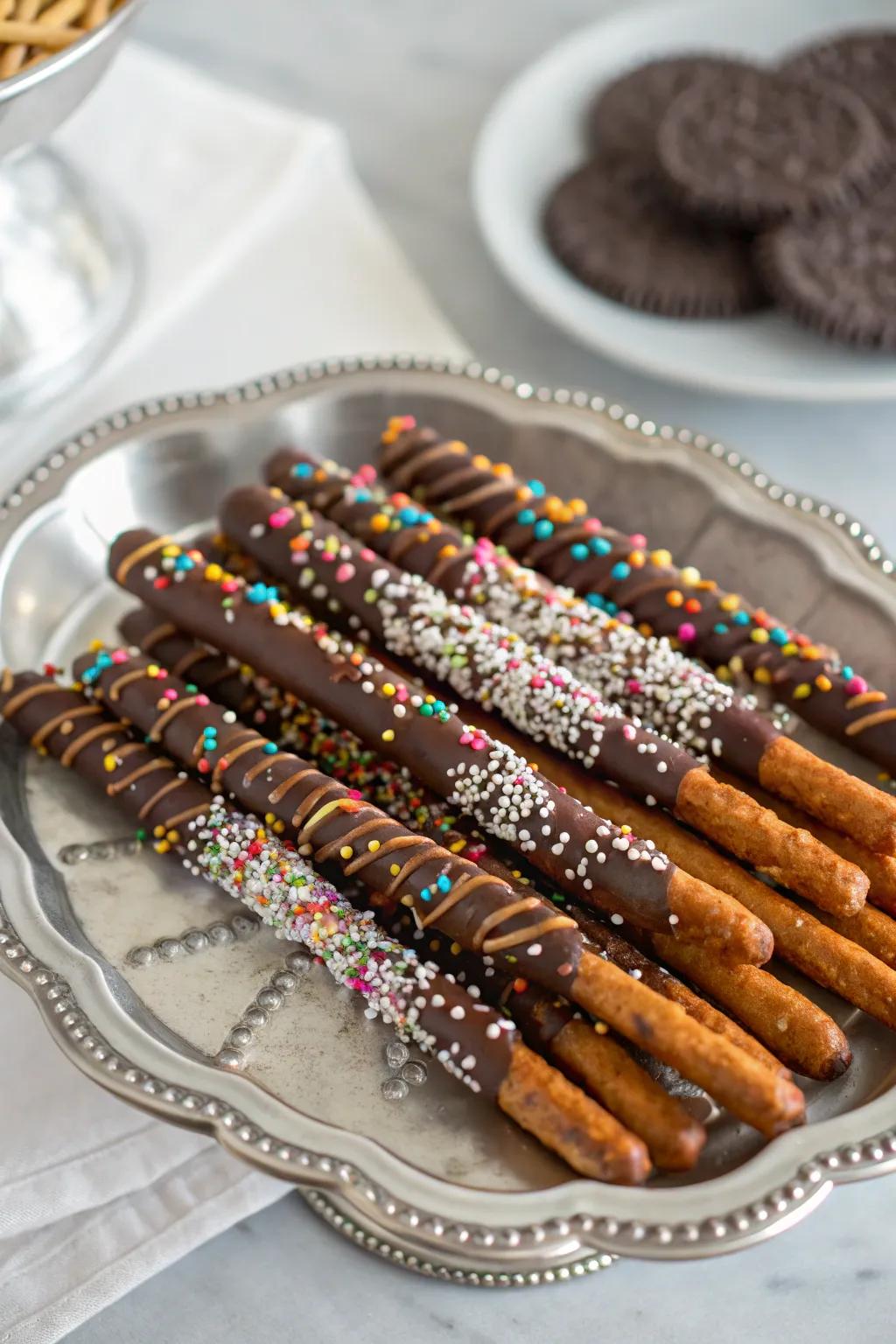 Sweet and salty chocolate-enclosed pretzel sticks, a delightful treat.