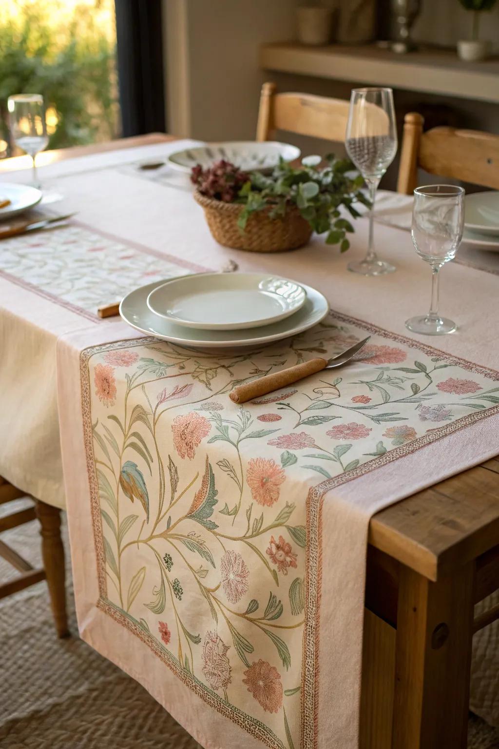 The table setting is made more interesting by a textile table runner.