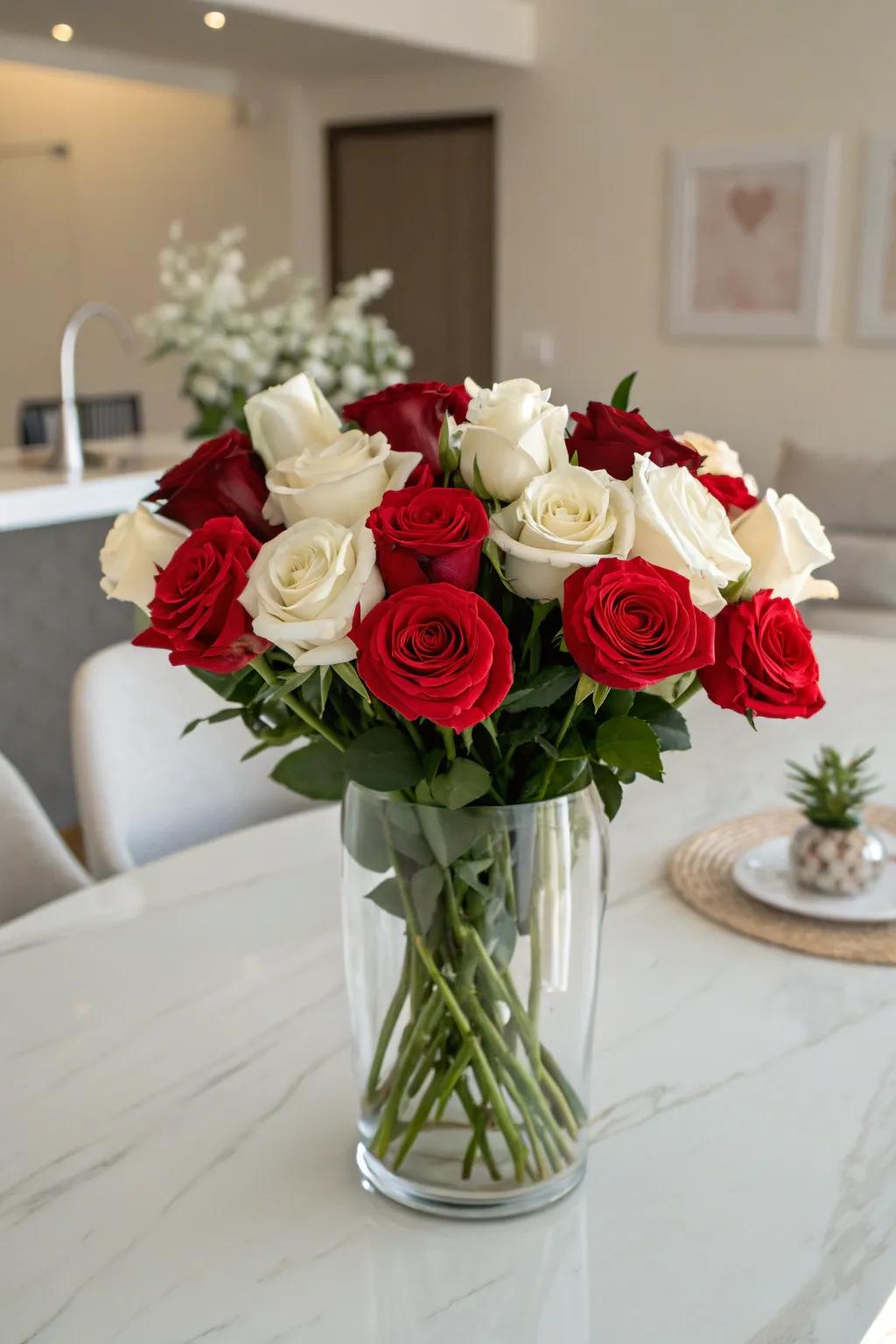 A striking dual-tone bouquet of red and white roses.