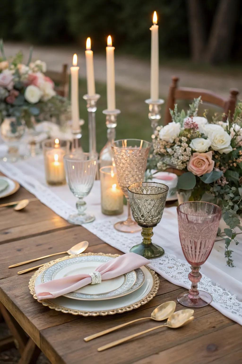 Vintage glassware adds a unique flair to the table setting.