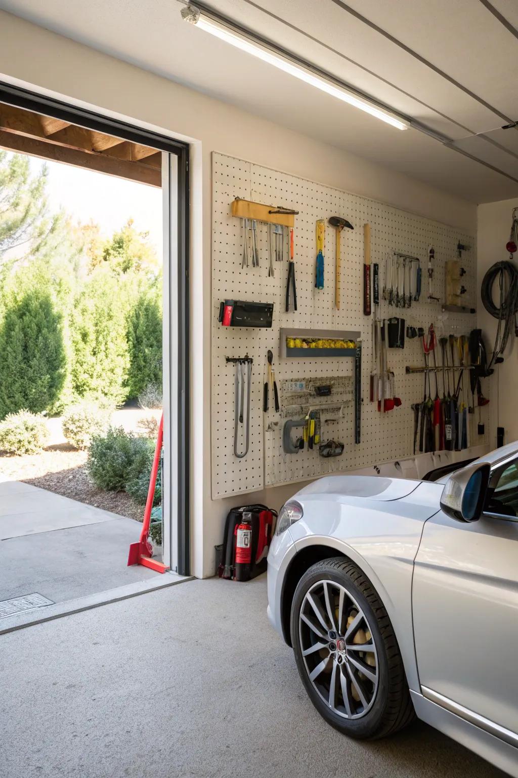 A pegboard wall will offer a simple way to display and organize tools.