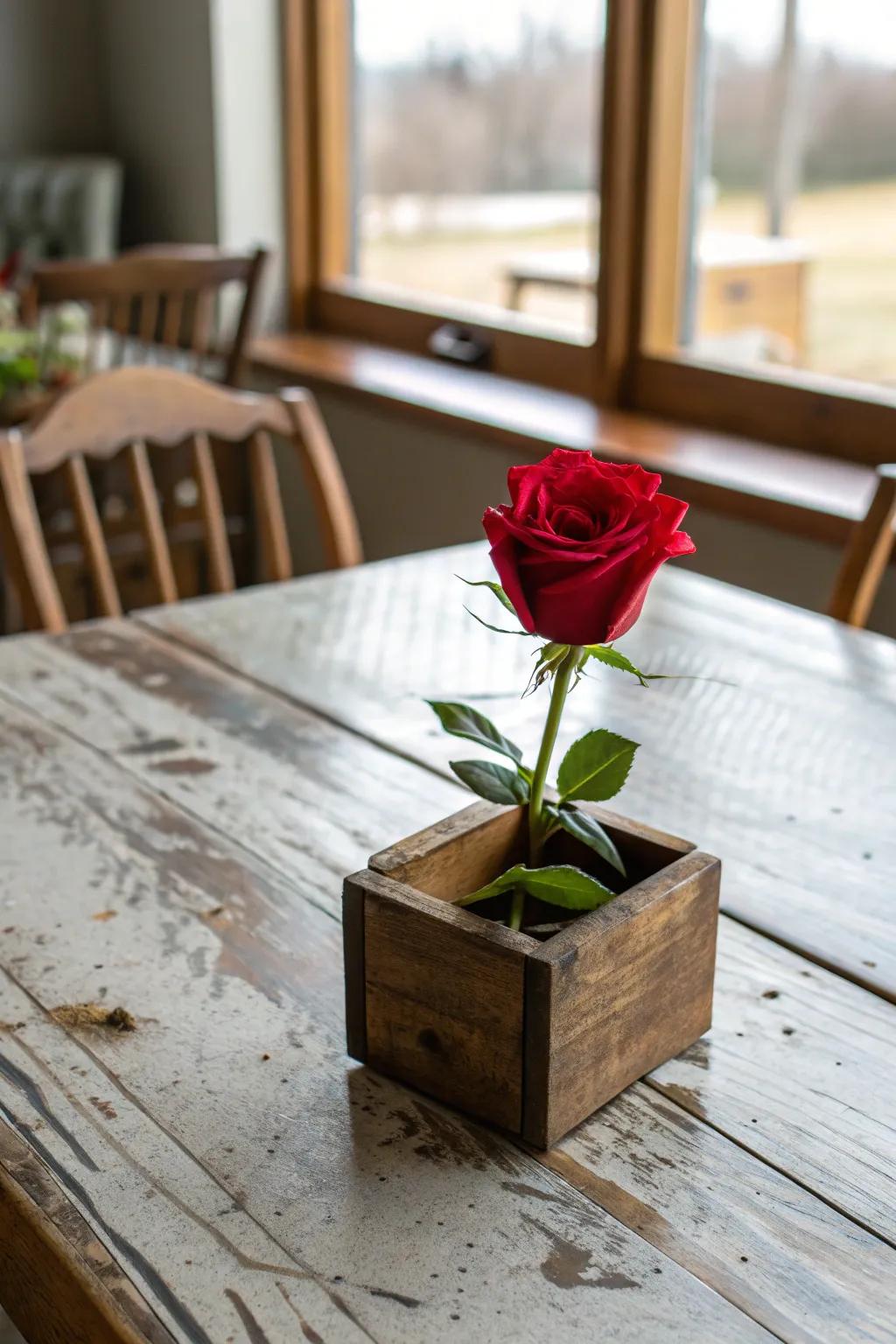 A wood crate infuses rustic charm into the rose centerpiece.