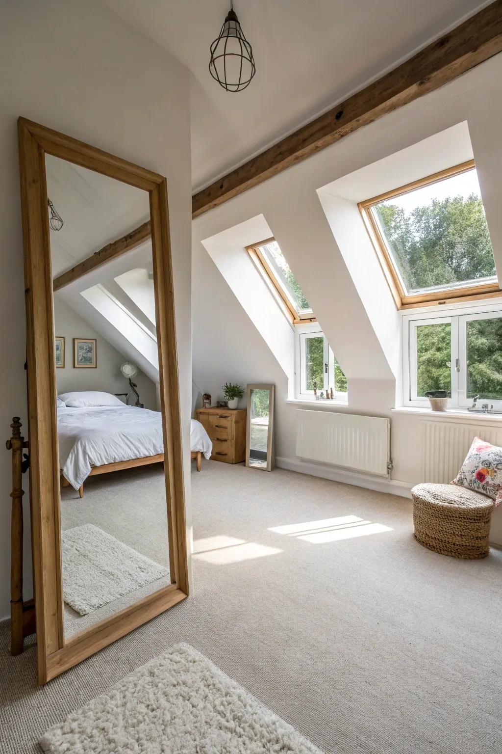 Mirrors in an attic bedroom produce a sense of spaciousness.