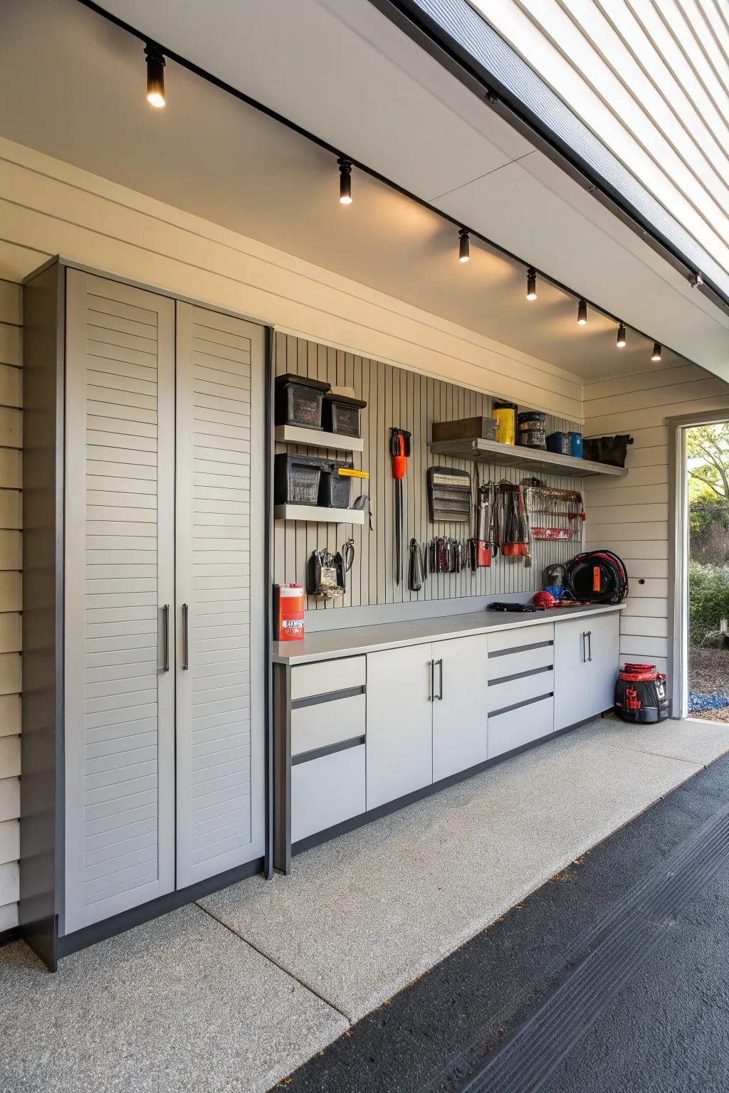 Slatwall-integrated cabinets offer a seamless storage option.