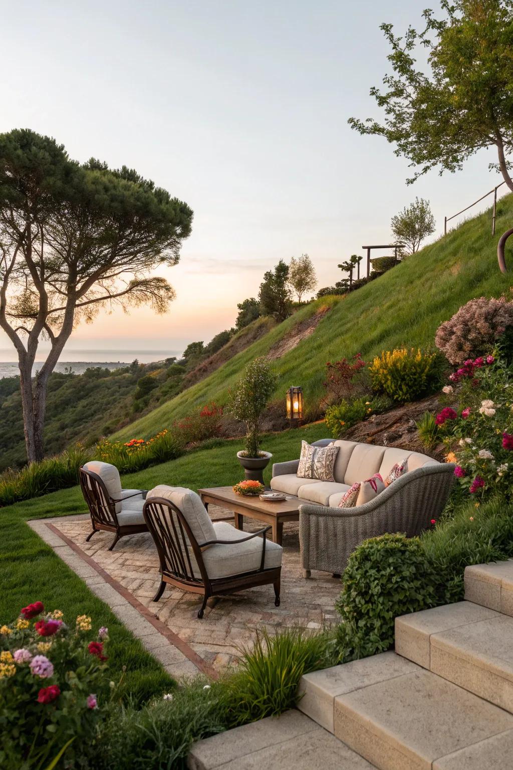 An enchanting relaxation spot beckons leisure across this sloping landscape.