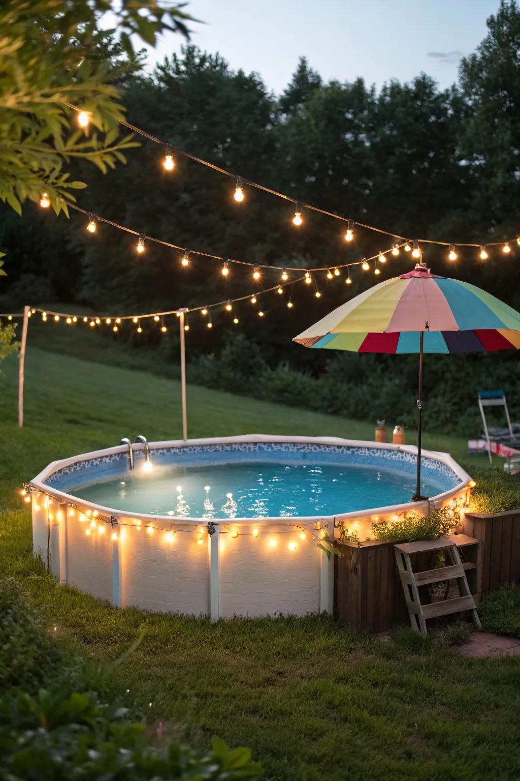 A vibrant above-ground pool area with decorative elements.