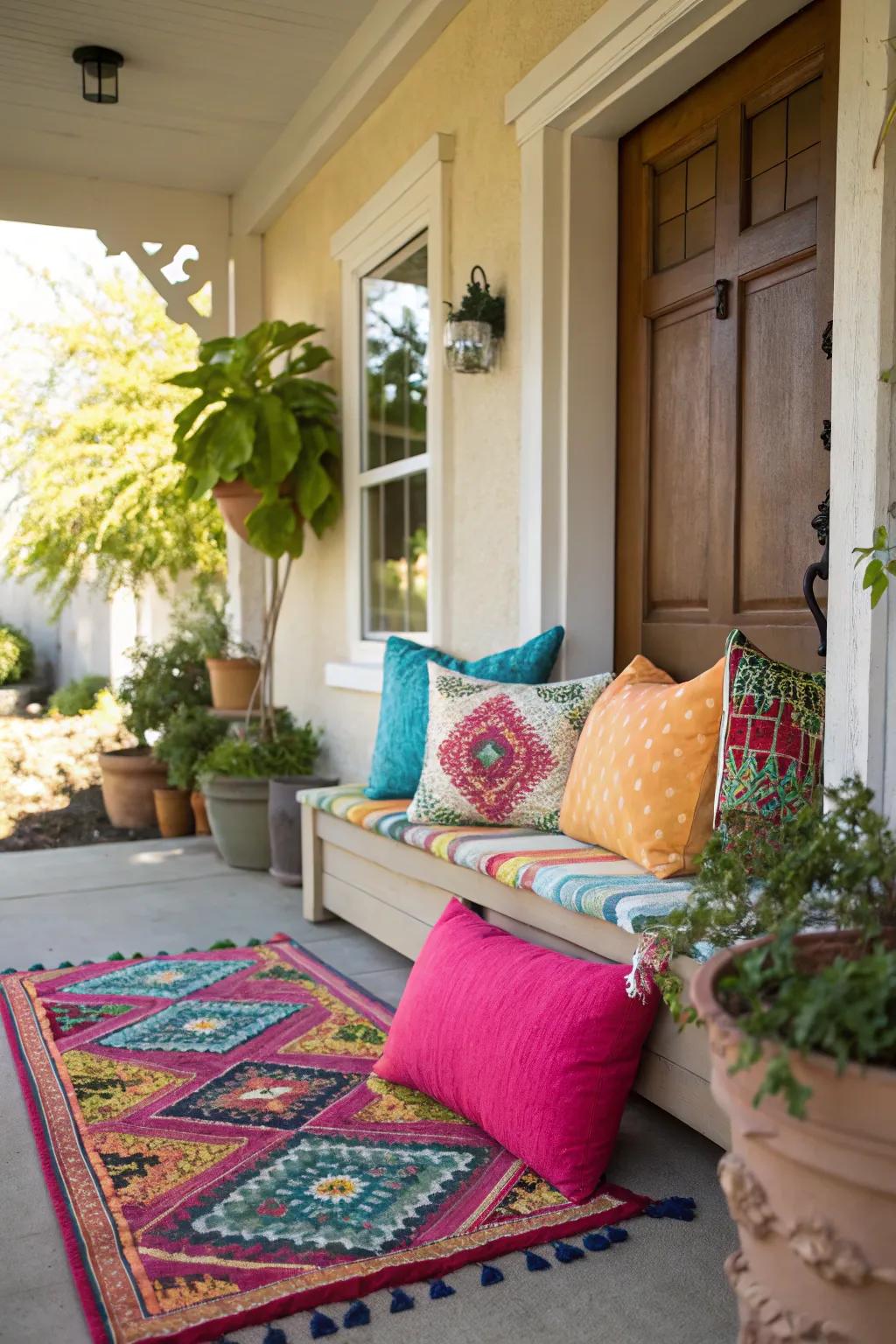 Vibrant accents like pillows and rugs append vibrancy to a modest porch.