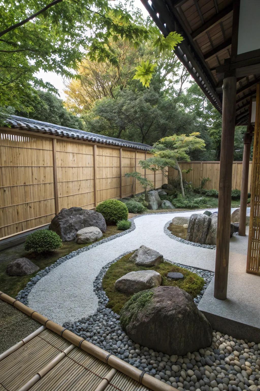 A zen garden uses stalk screens to provide privacy and a natural enclosure.