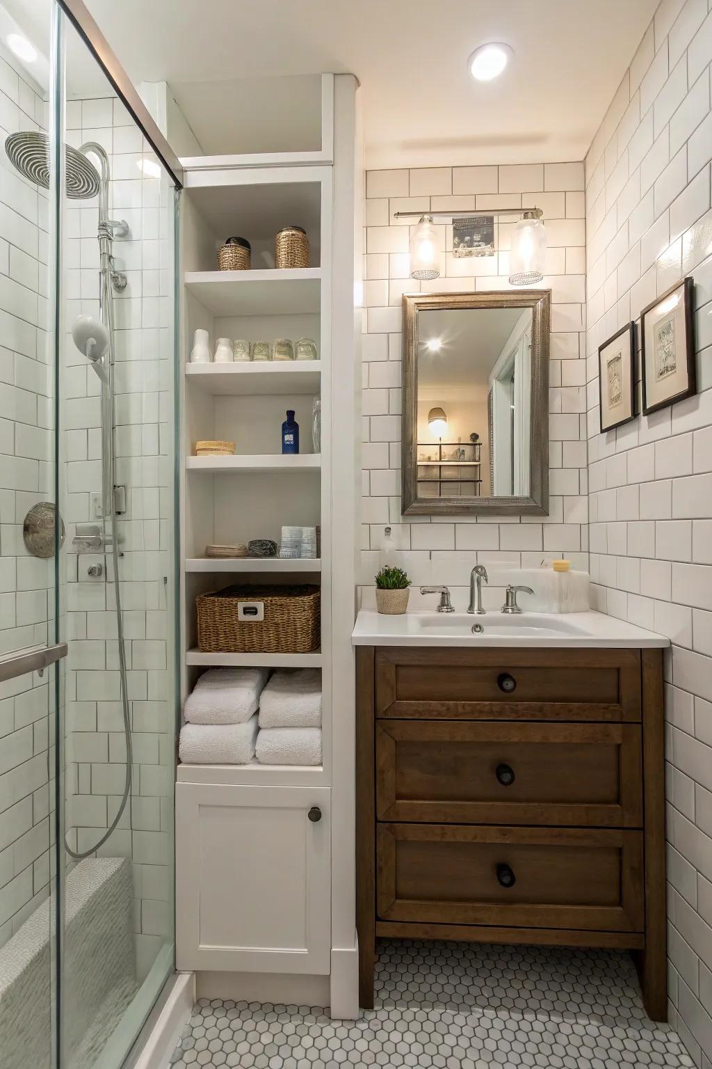 Efficient use of space using built-in shelving in a small bathroom.