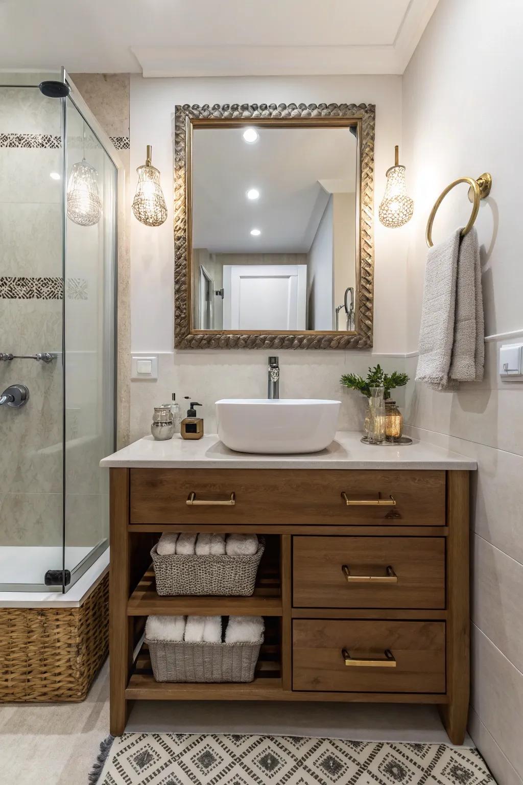 Distinctive fixtures lending personality and refinement to a small bathroom vanity.