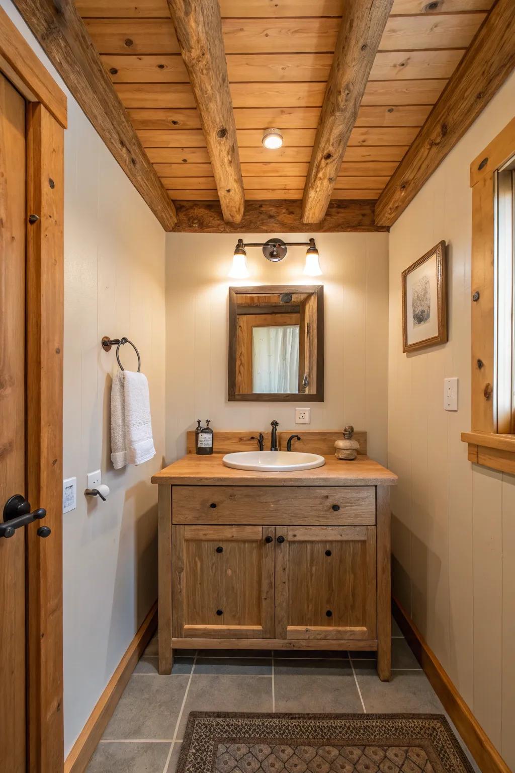 Coordinating wood elements create a unified bathroom layout.