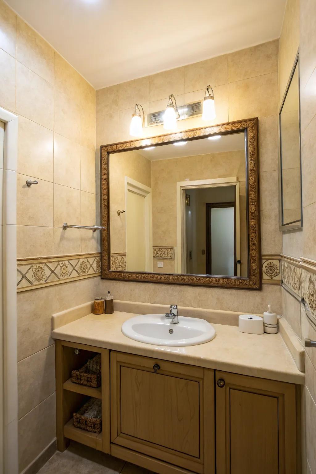 A spacious atmosphere in a small bathroom achieved using a large mirror.