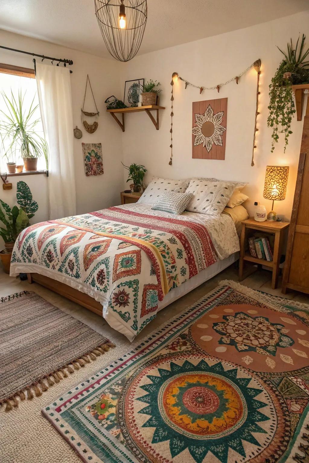 Mixed designs spark visual intrigue and individuality in this boho bedroom