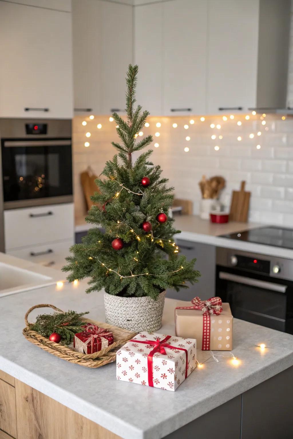 A small Christmas tree brings holiday cheer to the kitchen.