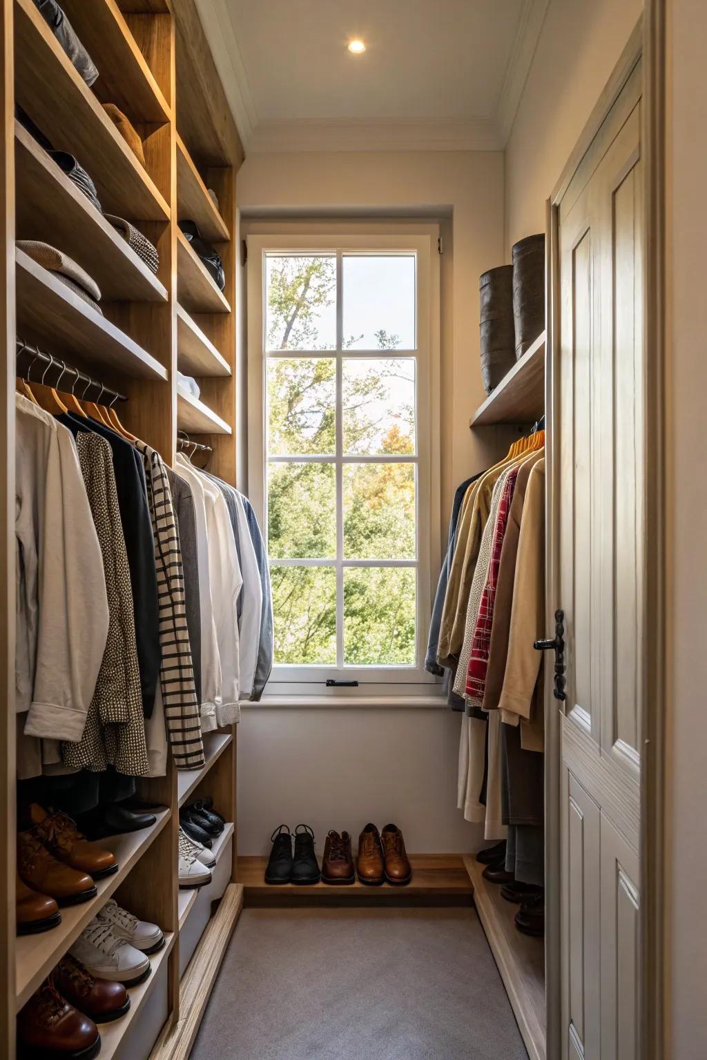 Natural light streams into a cozy closet.