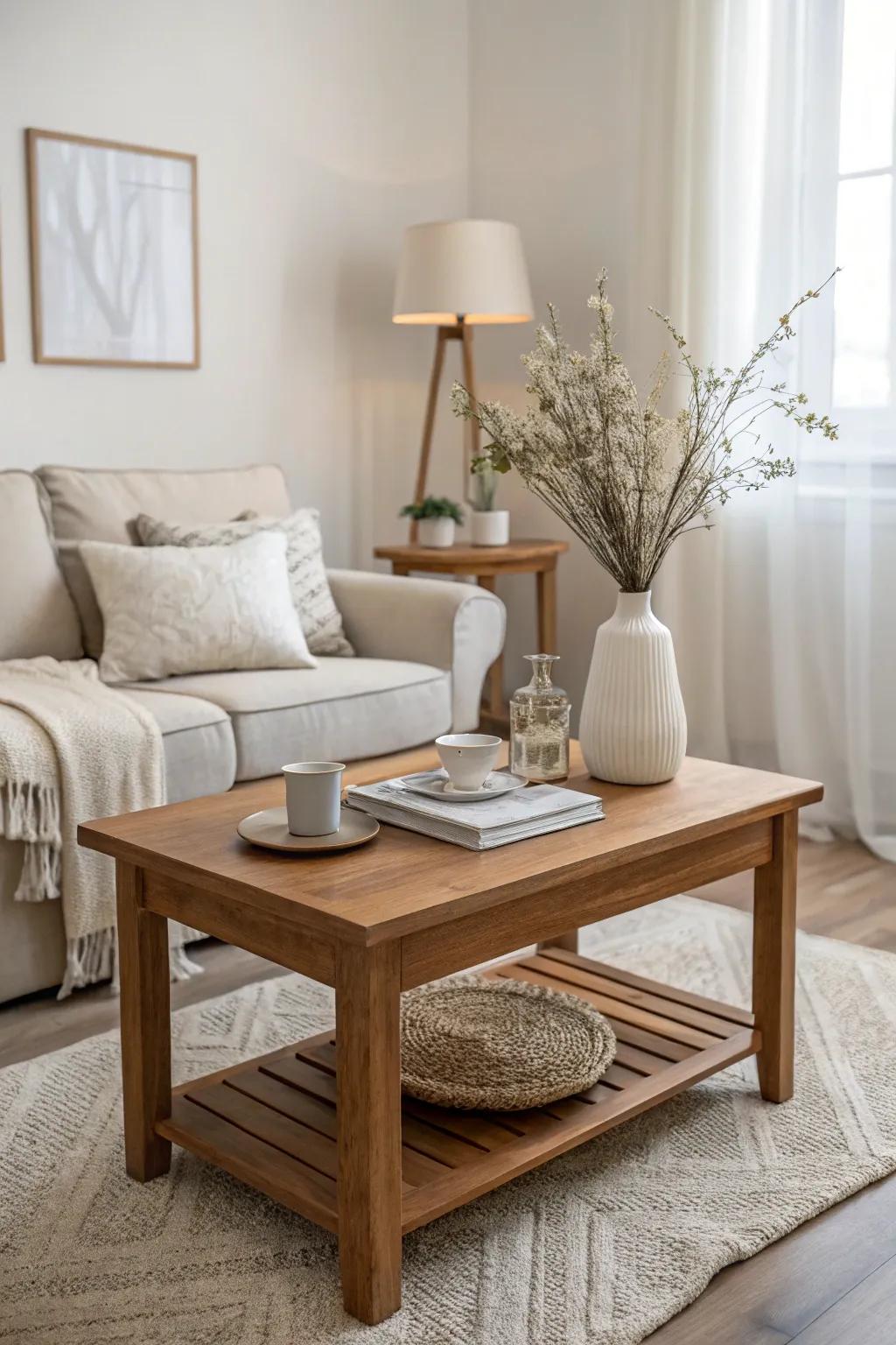 Simple timber tables evoke warmth and elegance in smaller areas.