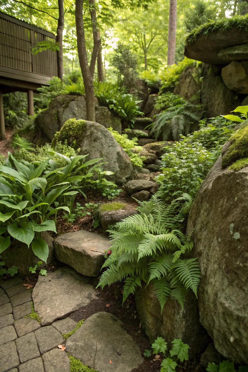 Ferns and foliage creating a lush ambiance in this corner rock garden.