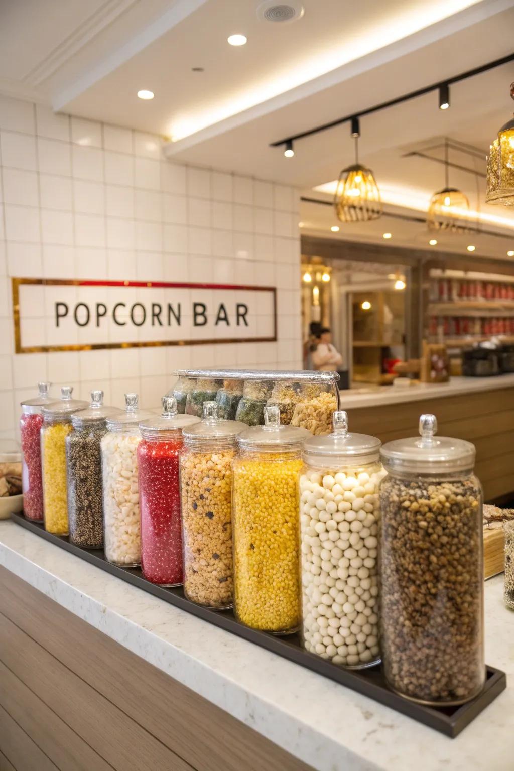 A sophisticated grain puff station presenting a mix of sugary and savory options.