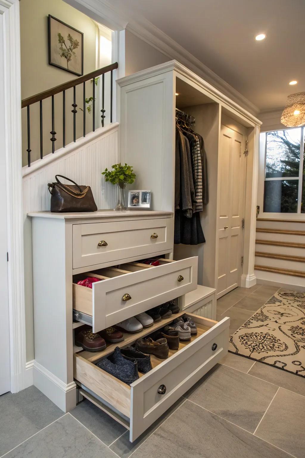 Concealed drawers within furniture provide discreet footwear storage.