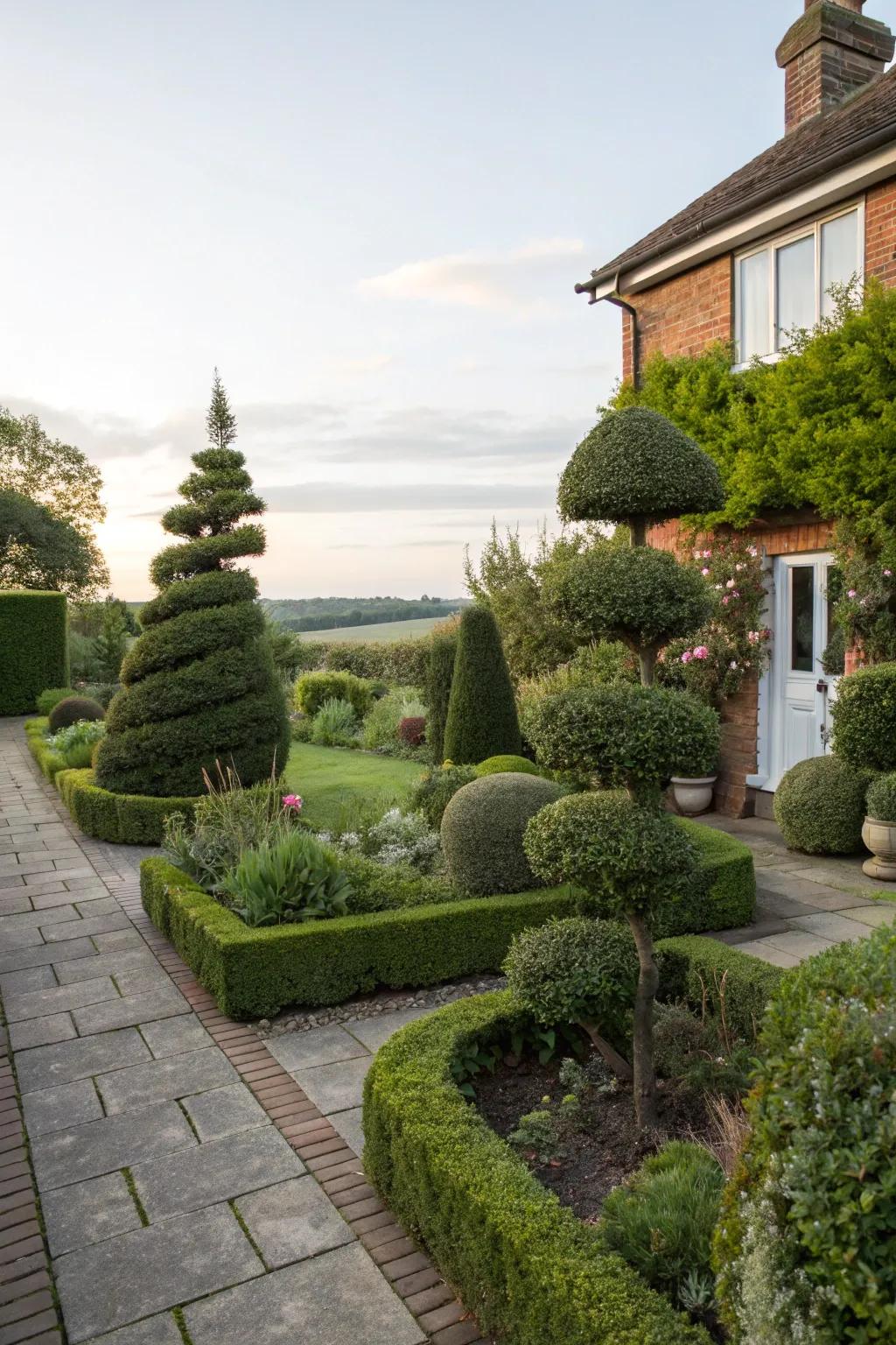 Inventively shaped topiary bushes inject a whimsical element into the garden.
