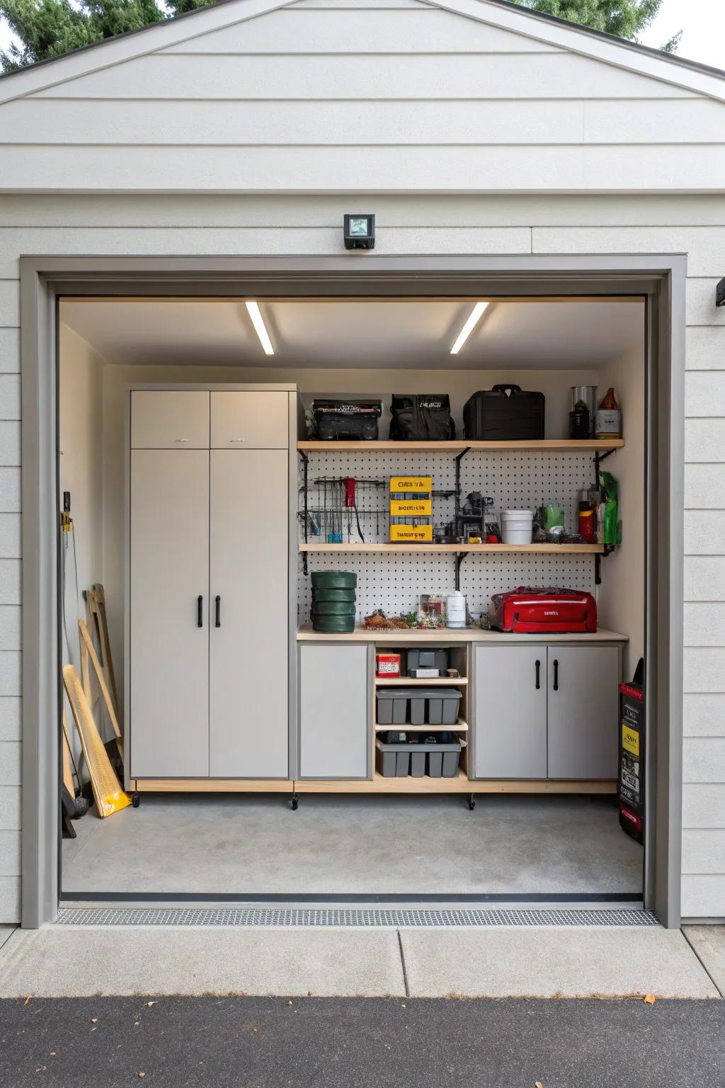 A small garage has been maximized with clever storage.