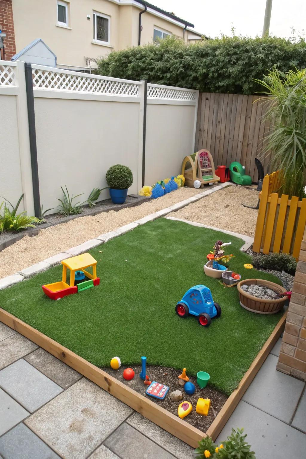 An attractive activity space for children featuring synthetic turf.
