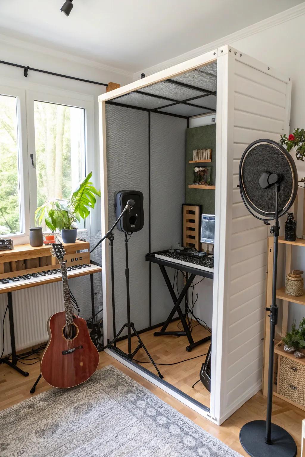 A folding sound zone offers adaptable recording opportunities within snug areas.