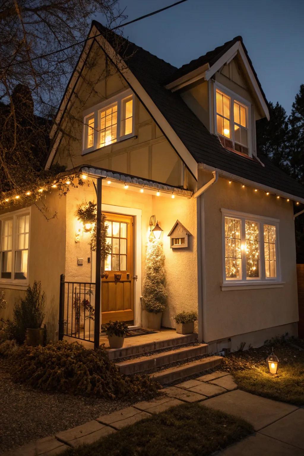 Exterior luminescence adds warmth and allure to your home in the evening.