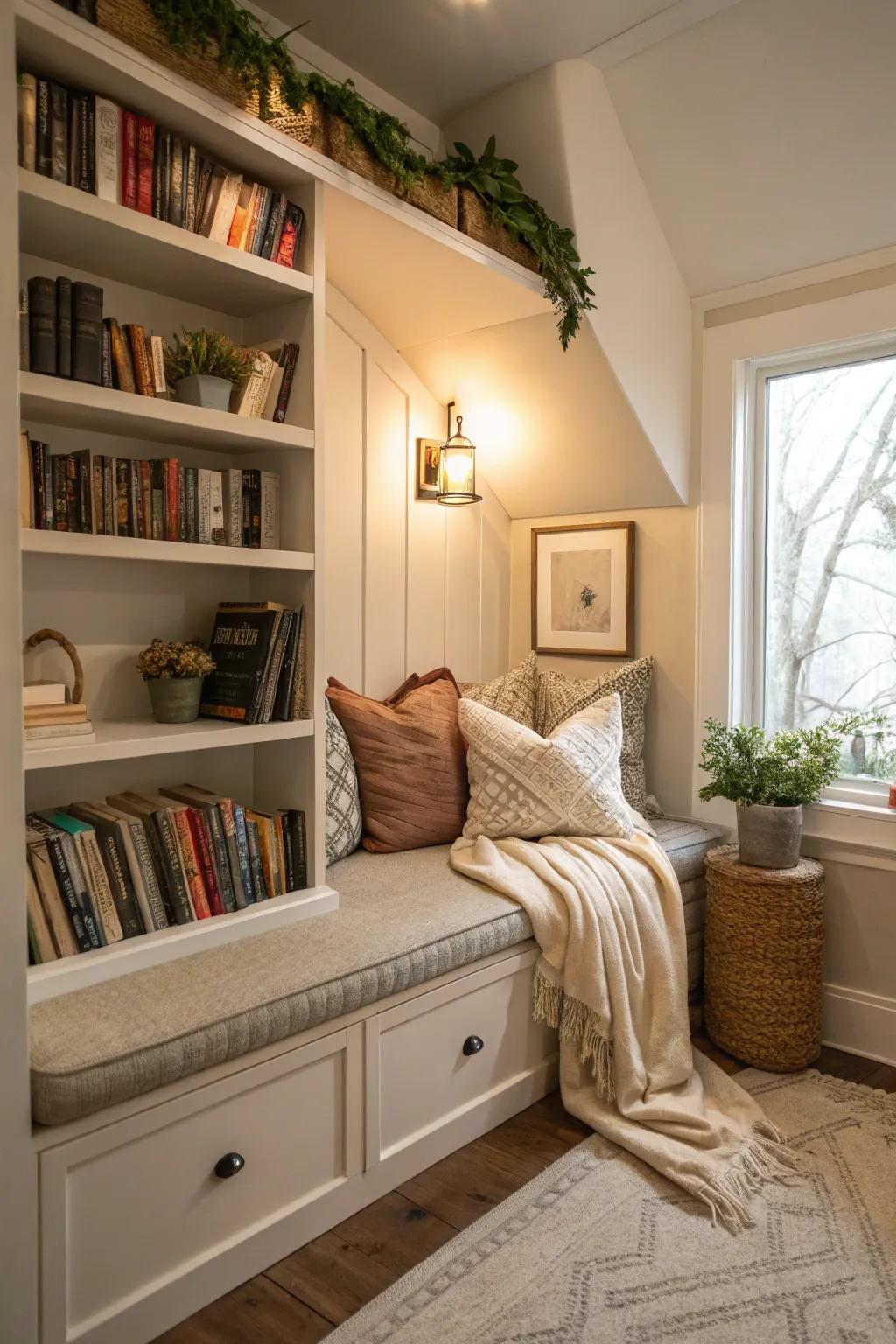 A cozy corner for reading with built-in seating in a small area.