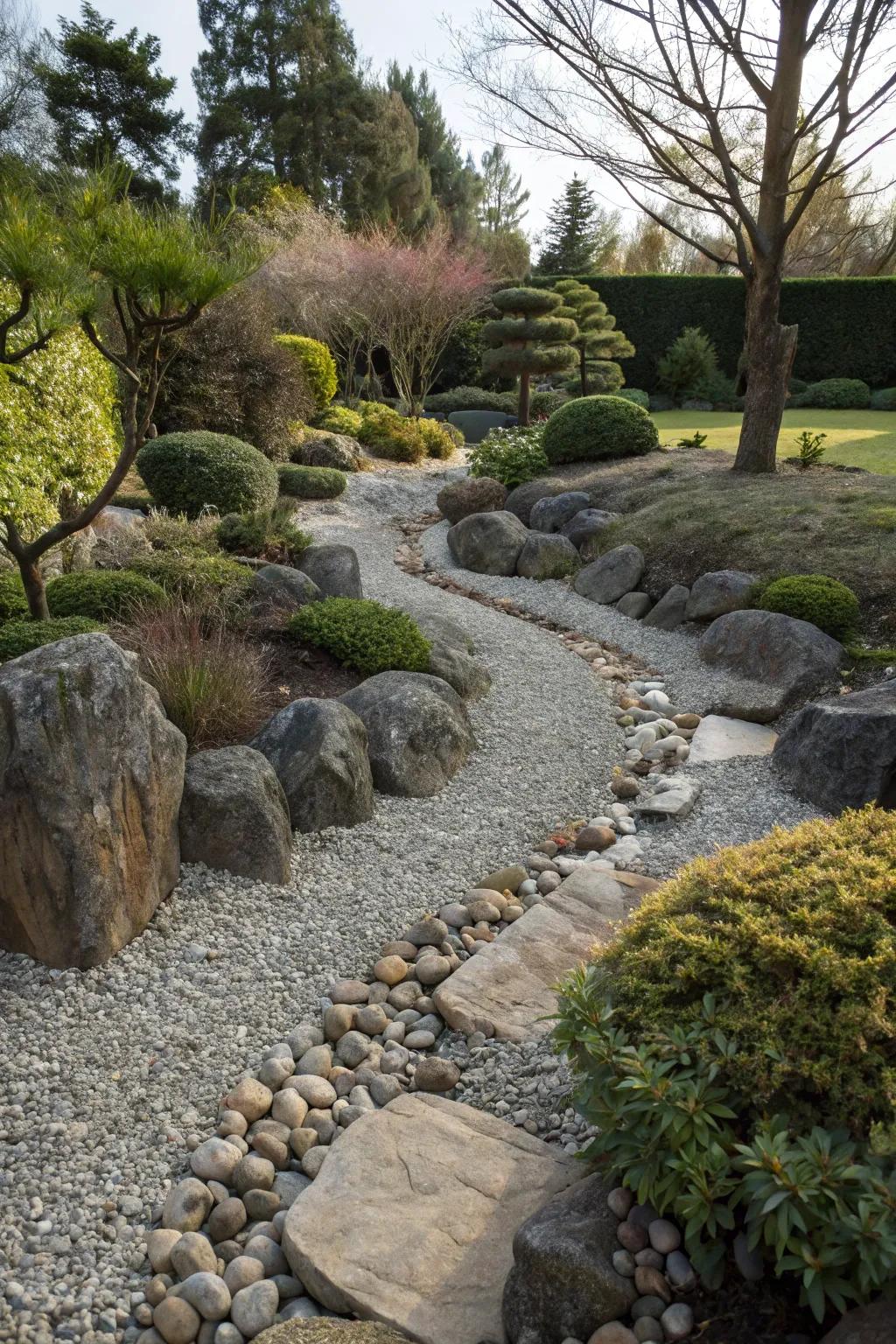 A dry stream bed adding dimension and visual interest.