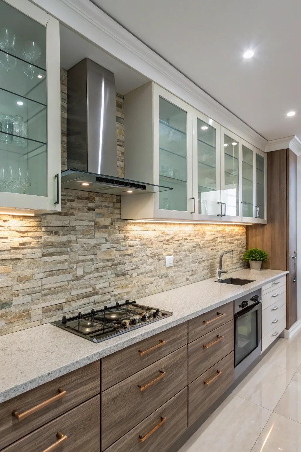 Develop a distinctive appearance by blending materials in your backsplash.