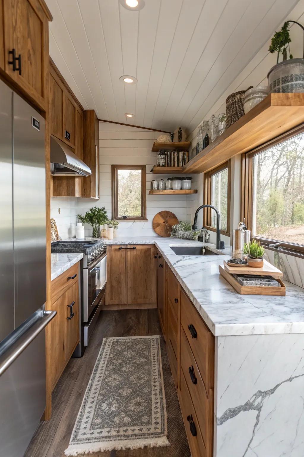 This kitchen showcases an exquisite mix of timber, metal, and marble elements.
