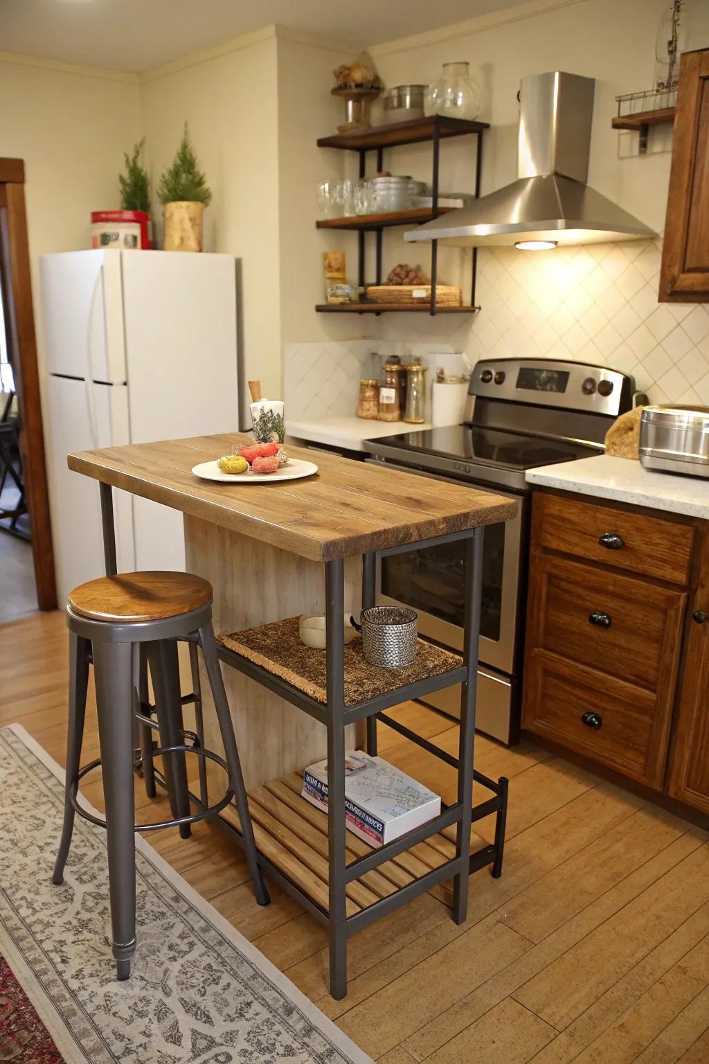 Adaptable furniture augments utility within a petite kitchen.