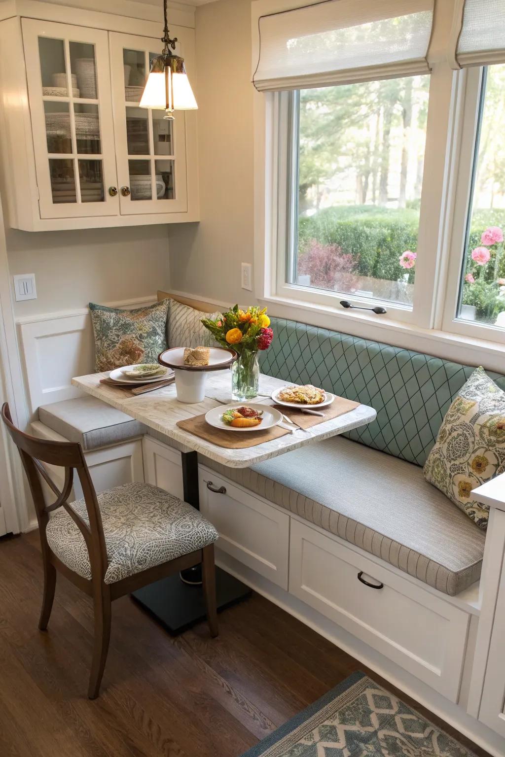 A banquette seating area that combines comfort with shelving.