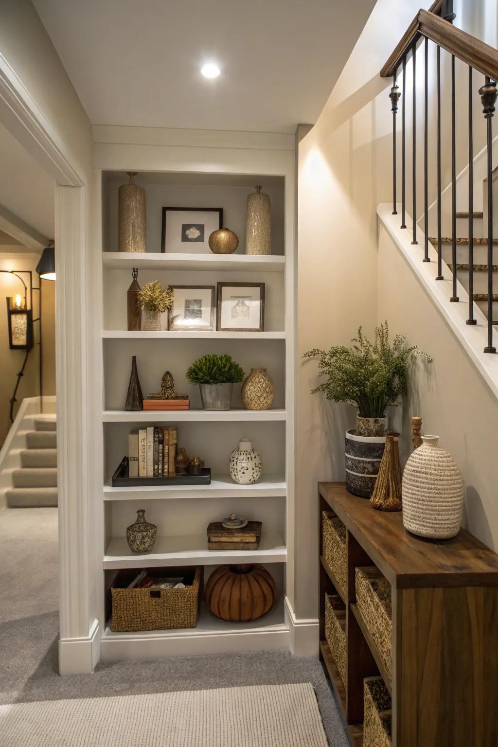 Shelving incorporates dimension and functionality to small landings.