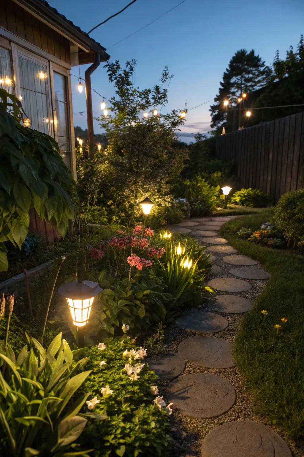 Garden lighting creates a cozy and welcoming ambiance after sunset.
