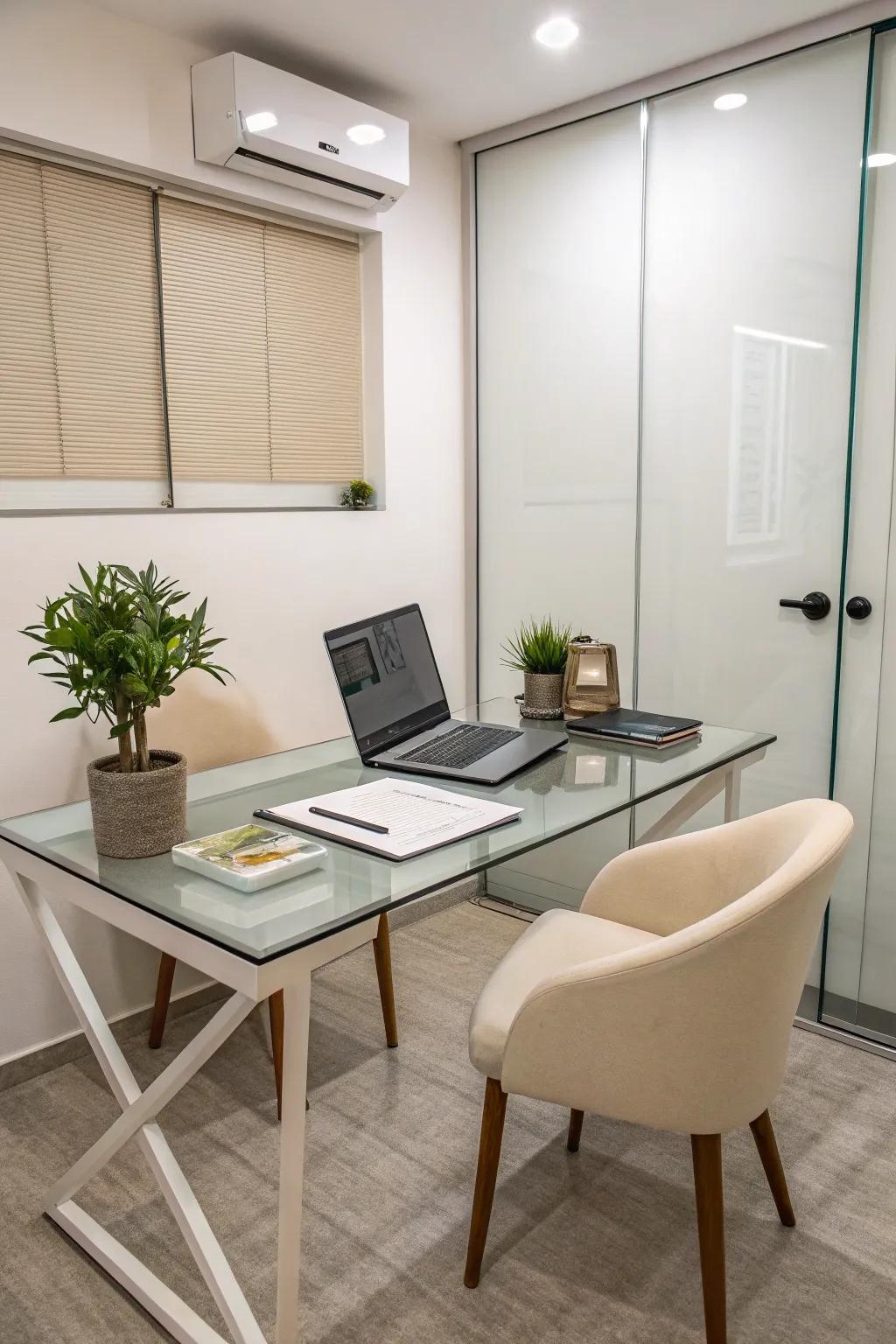 Clear furniture in a small office enhances openness and light.