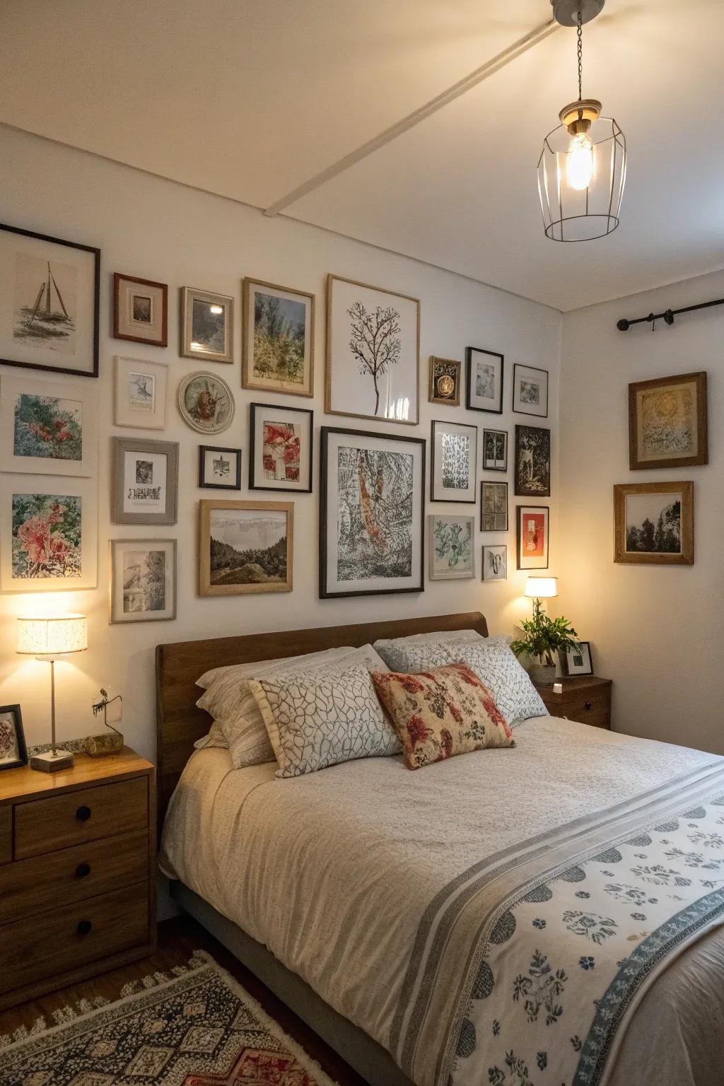 Wall-mounted artwork infuses individuality into a small primary bedroom.