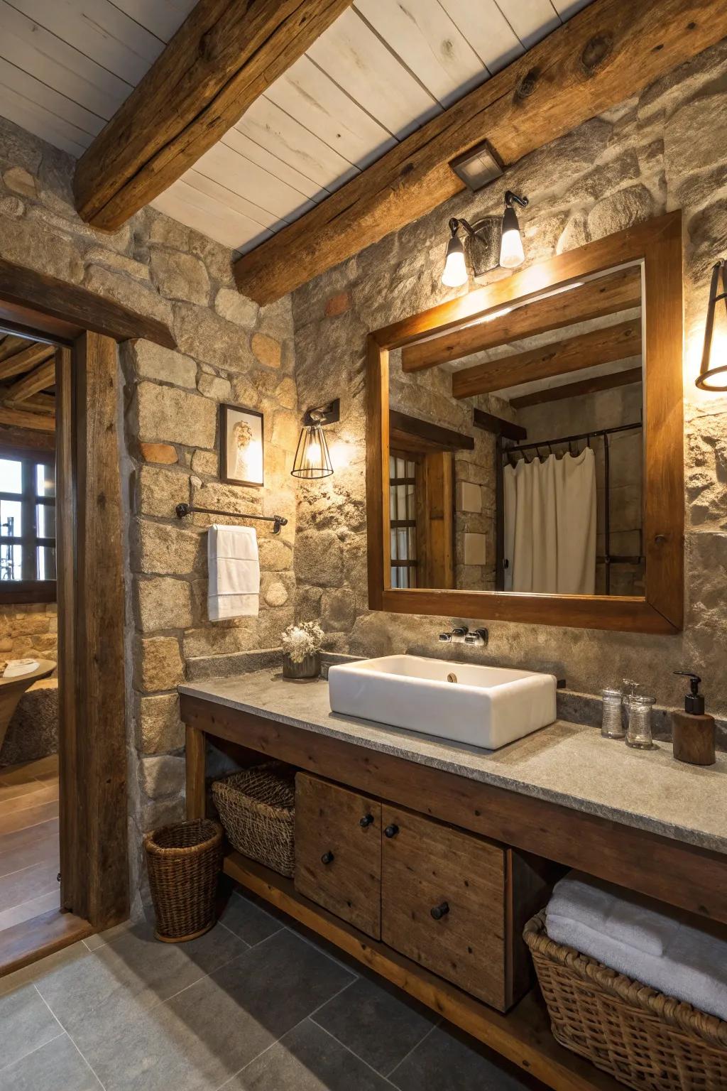Large mirrors expand space in a homespun bathroom setting.