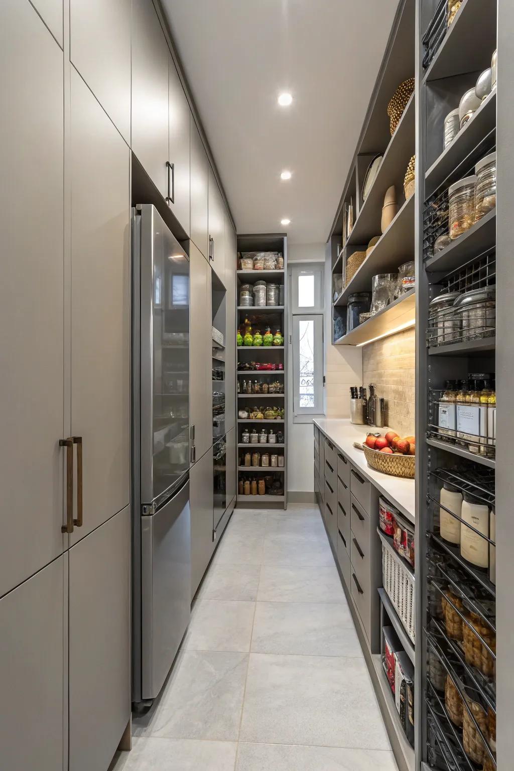 Headroom storage maximizes space in this narrow kitchen.