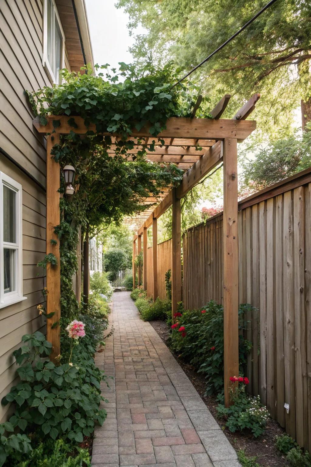 Trellises and pergolas add standing refinement to slim side yards.