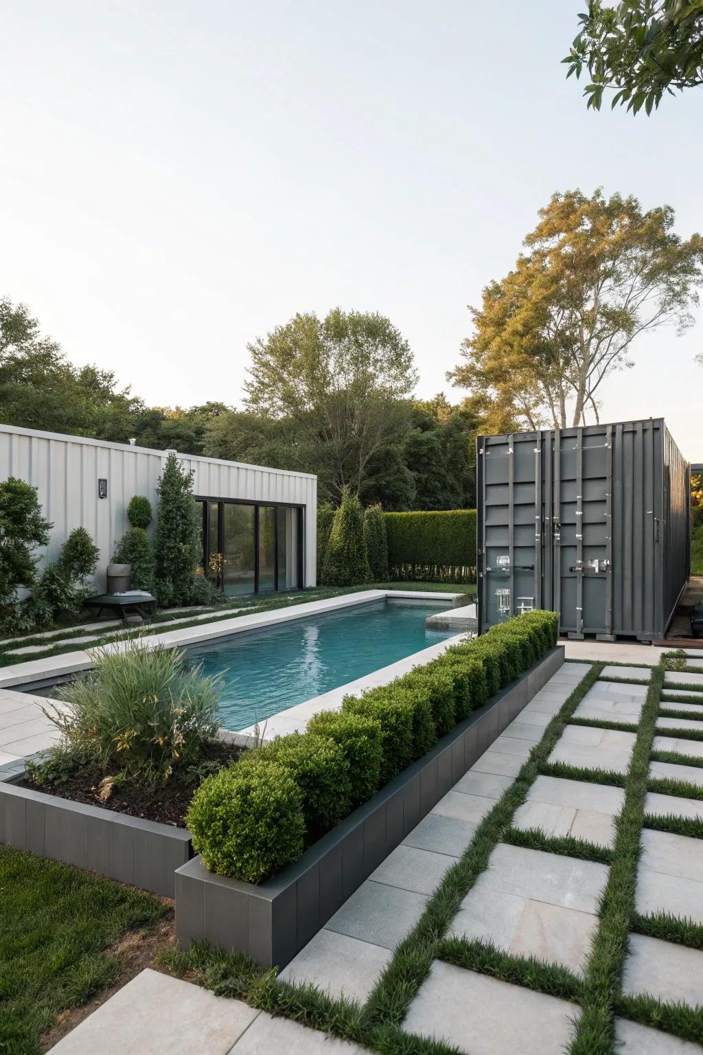 A modern backyard featuring an industrial-chic shipping container pool.