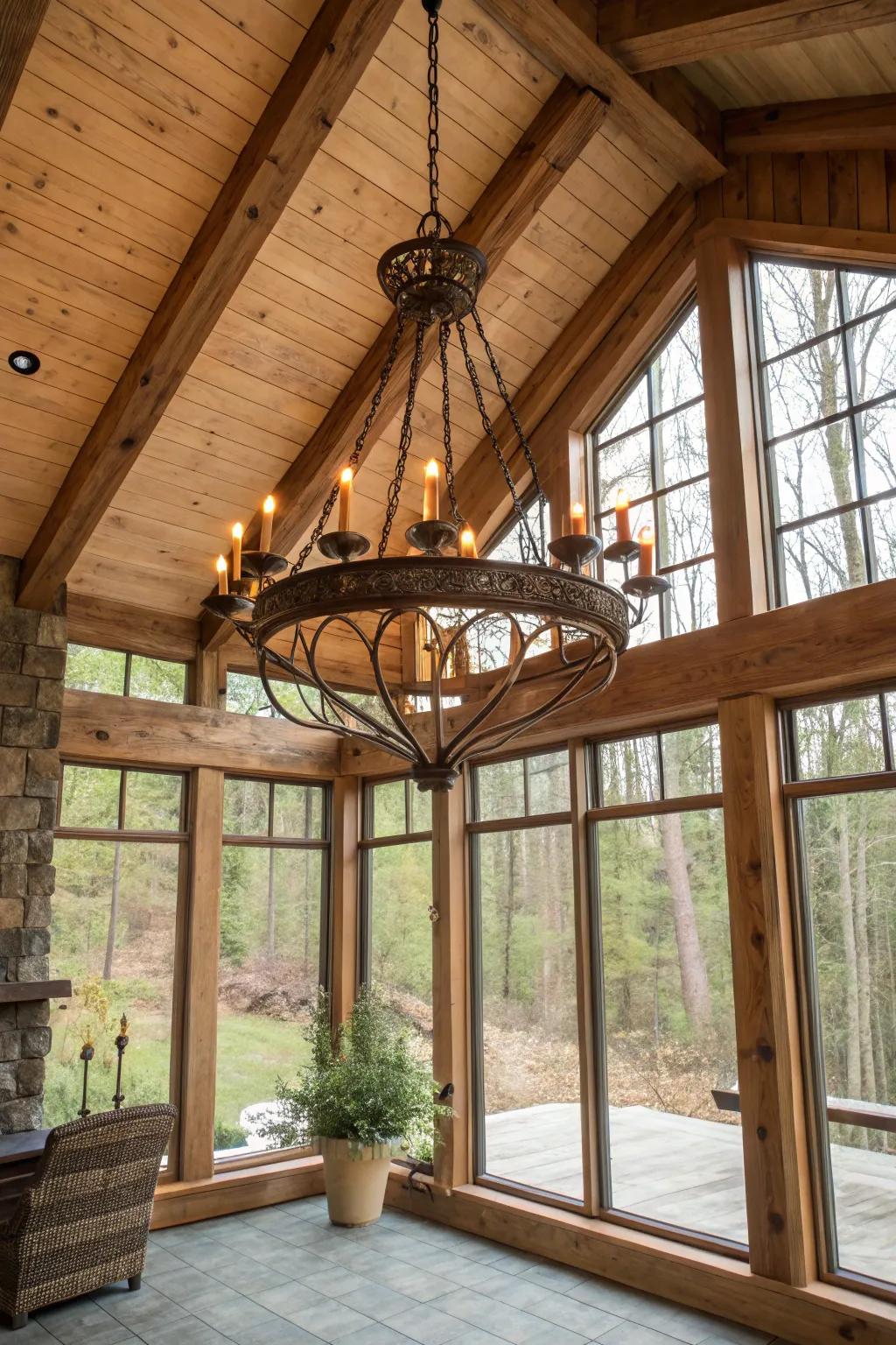 A farmhouse chandelier provides both utility and style in this glass room.