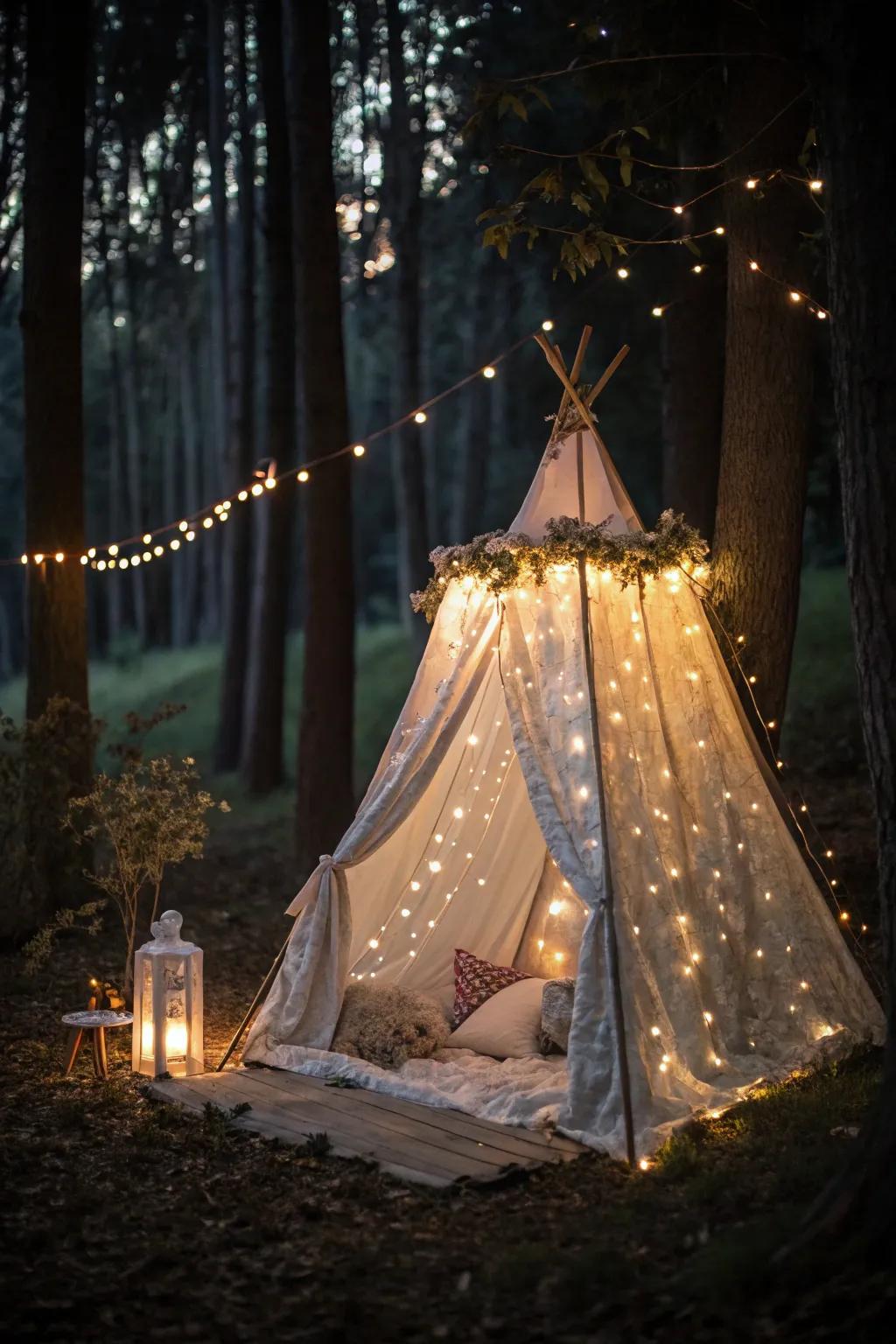 Dreamy tent arrangement featuring shimmering lights.