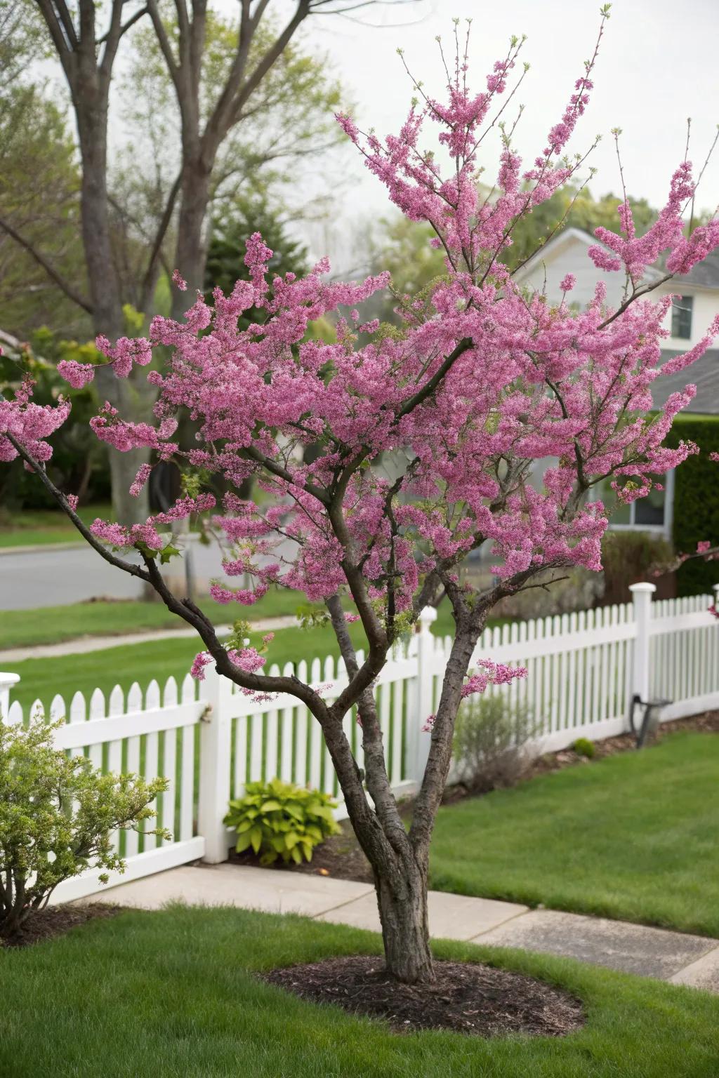 Ruby cascade tree exhibiting its vibrant spring blossoms.