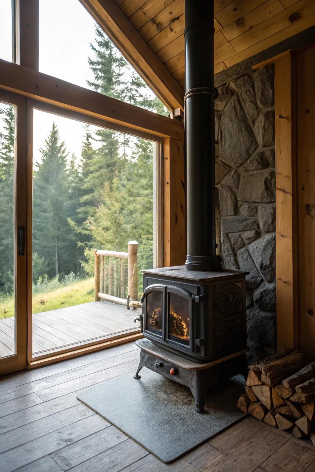 Natural brightness complements the warmth of a timber heater for a cozy setting.