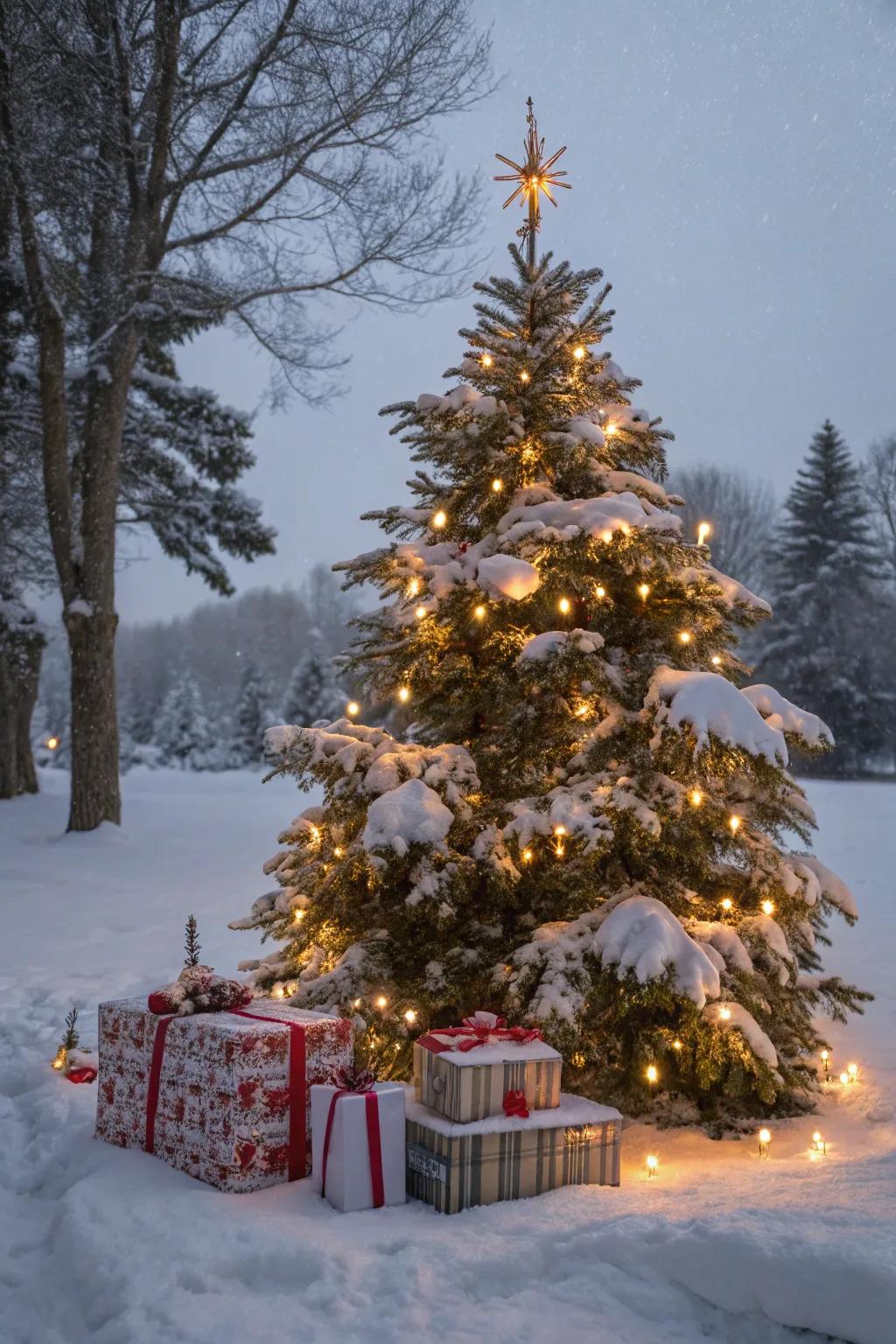 Neatly wrapped gifts enhancing the festive visual of a snowy Christmas tree.