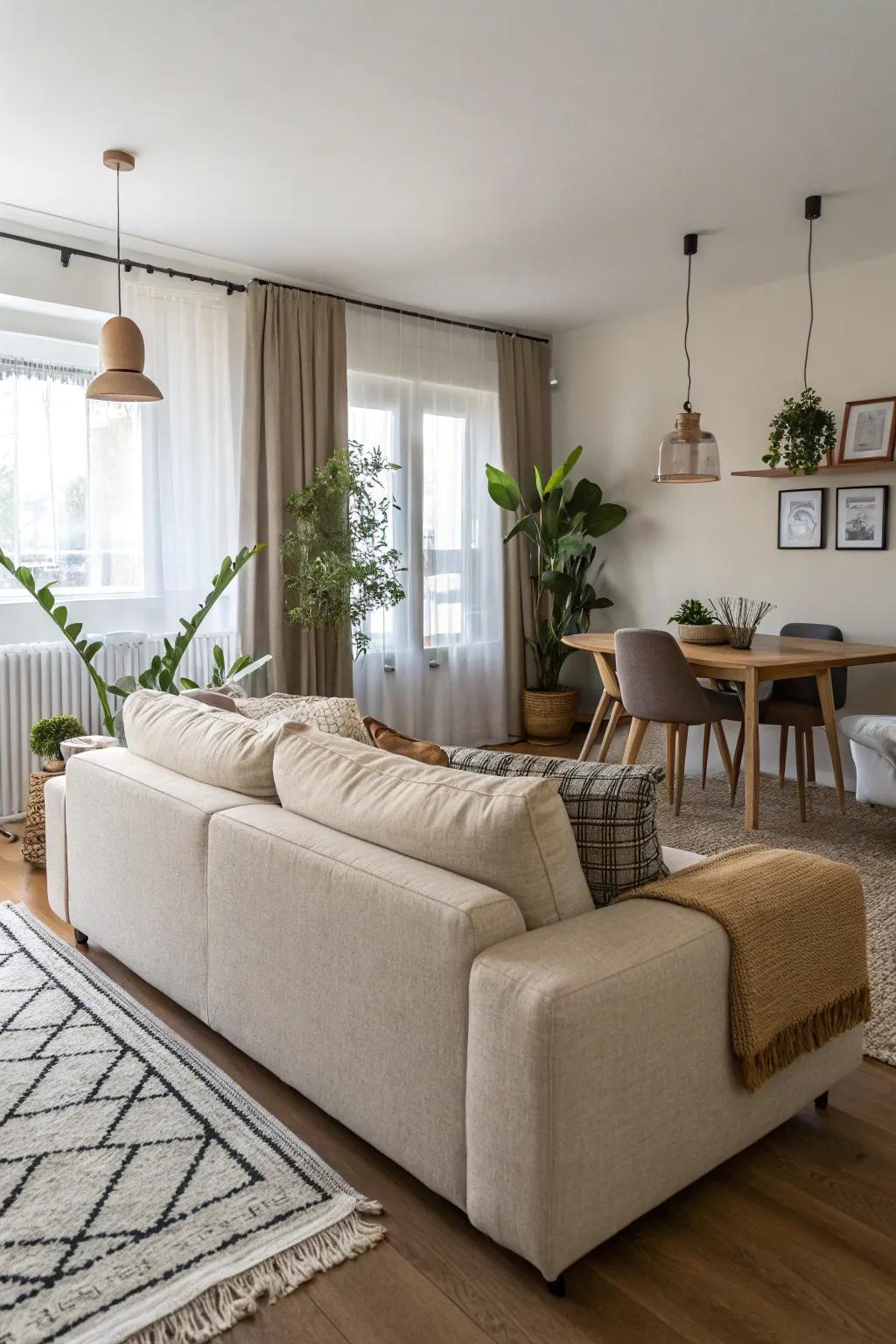 A backless sofa cleverly divides an open living room, optimizing the space.